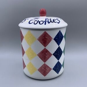 Pier 1 Multi Color Diamond Print Geometric Sponge Style Ceramic Cookie Jar